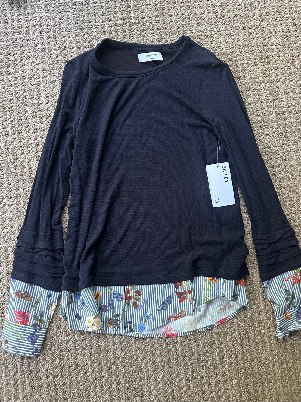 Bailey 44 Black Long Sleeve Top with Striped Floral Hem and Cuffs